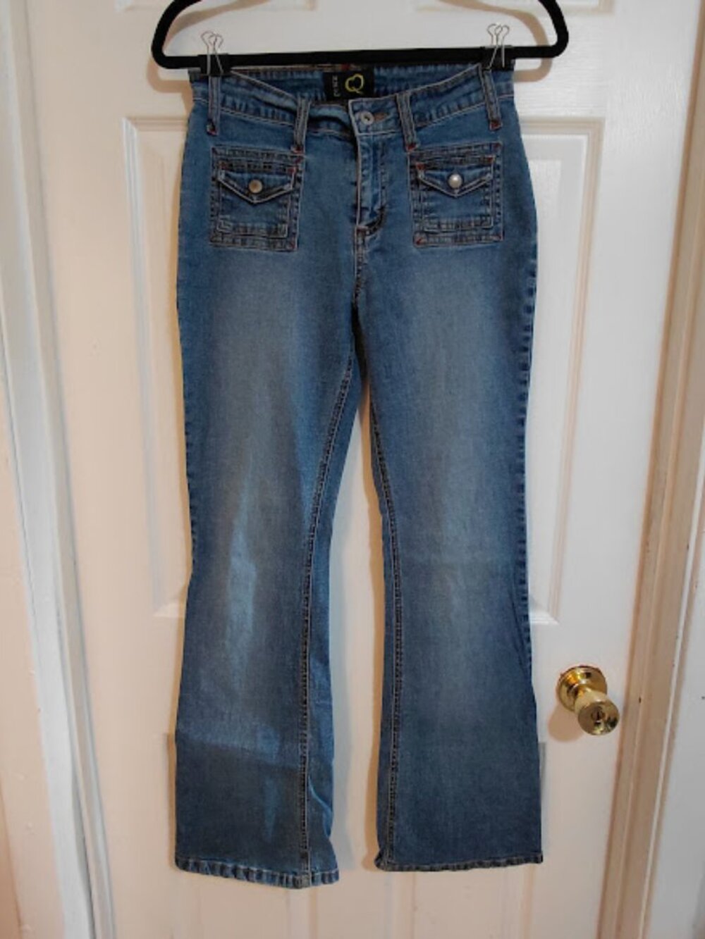 Vintage Retro Y2K Quick Q Blue Denim Flare Bareback  No Back Pocket Jeans Size 9